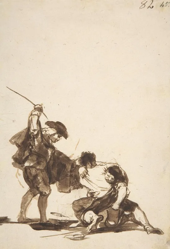 A Man With A Raised Whip Breaking Up A Fight Between Two Figures by Francisco de Goya - Canvas Print