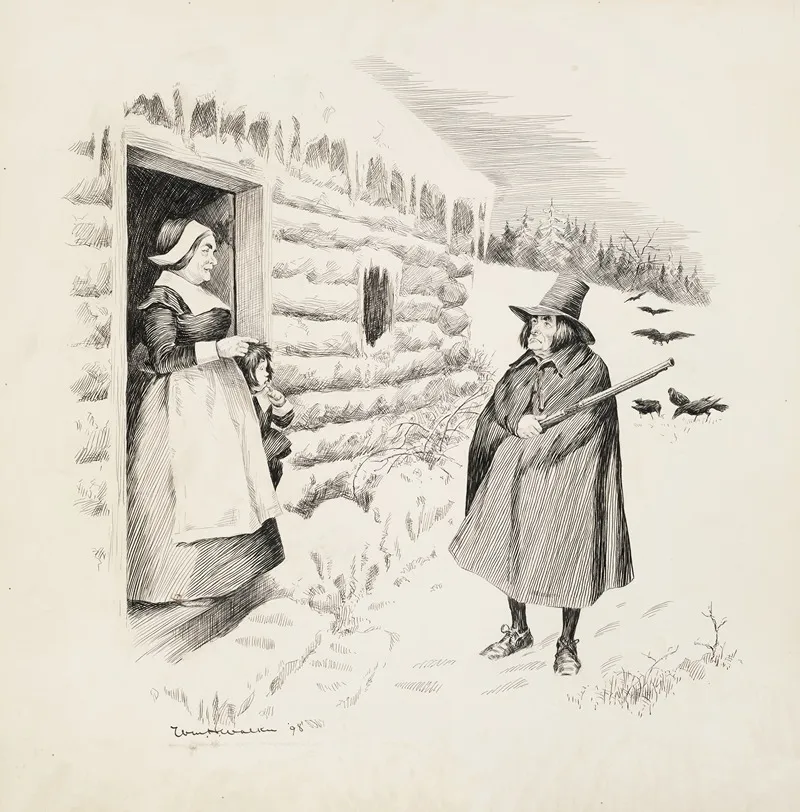A Man With A Rifle Stands In The Snow And Talks To A Woman And Child In The Doorway Of A Log Cabin