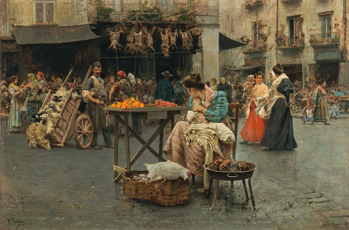 A Market Scene In Naples 2 by Vincenzo Caprile - Canvas Print