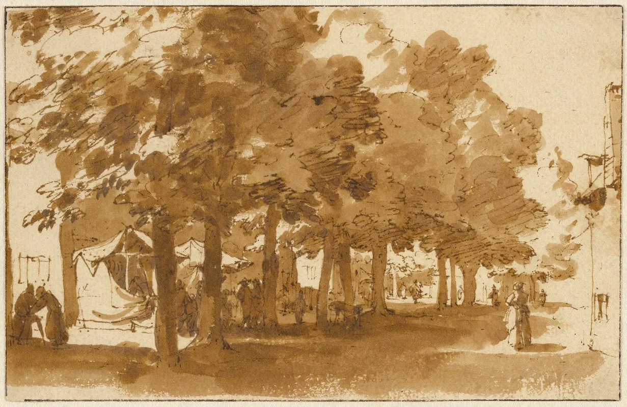A Market Scene Under Trees In Katwijk Op Rijn