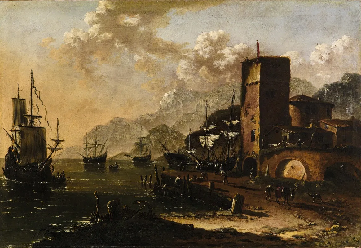 A Mediterranean Harbour With Ships by Johann Anton Eismann - Canvas Print