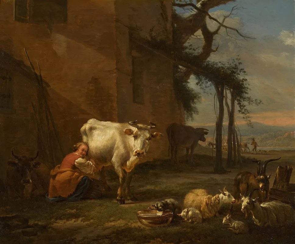 A Milkmaid With Her Herd A River Landscape Beyond