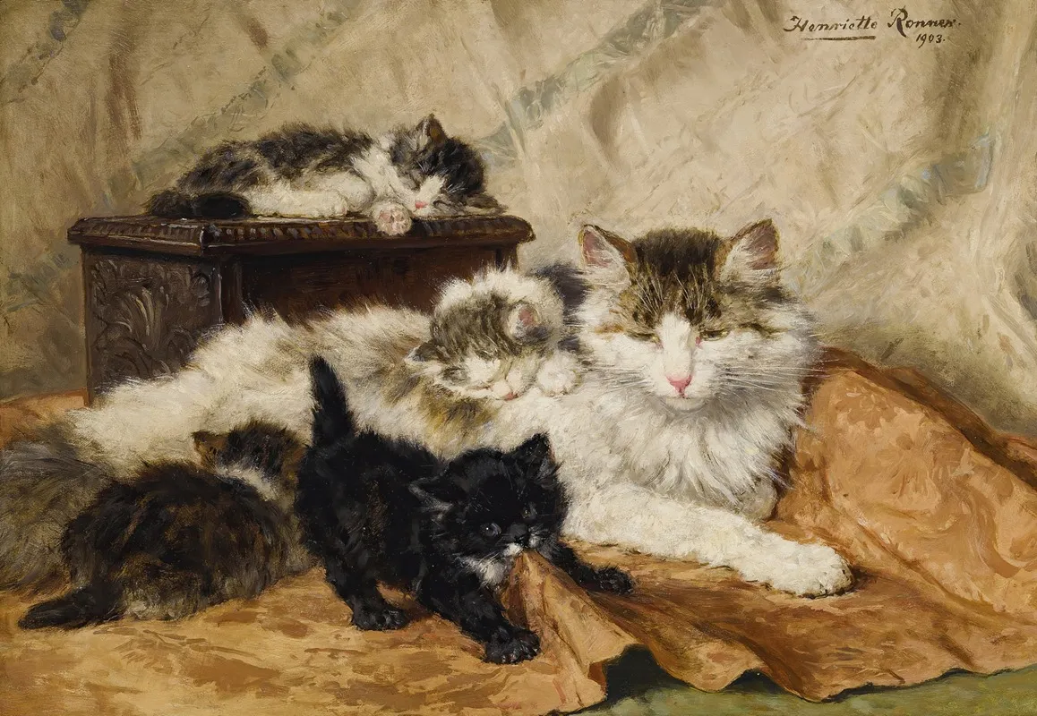 A Mother And Her Kittens by Henriëtte Ronner-Knip - Canvas Print