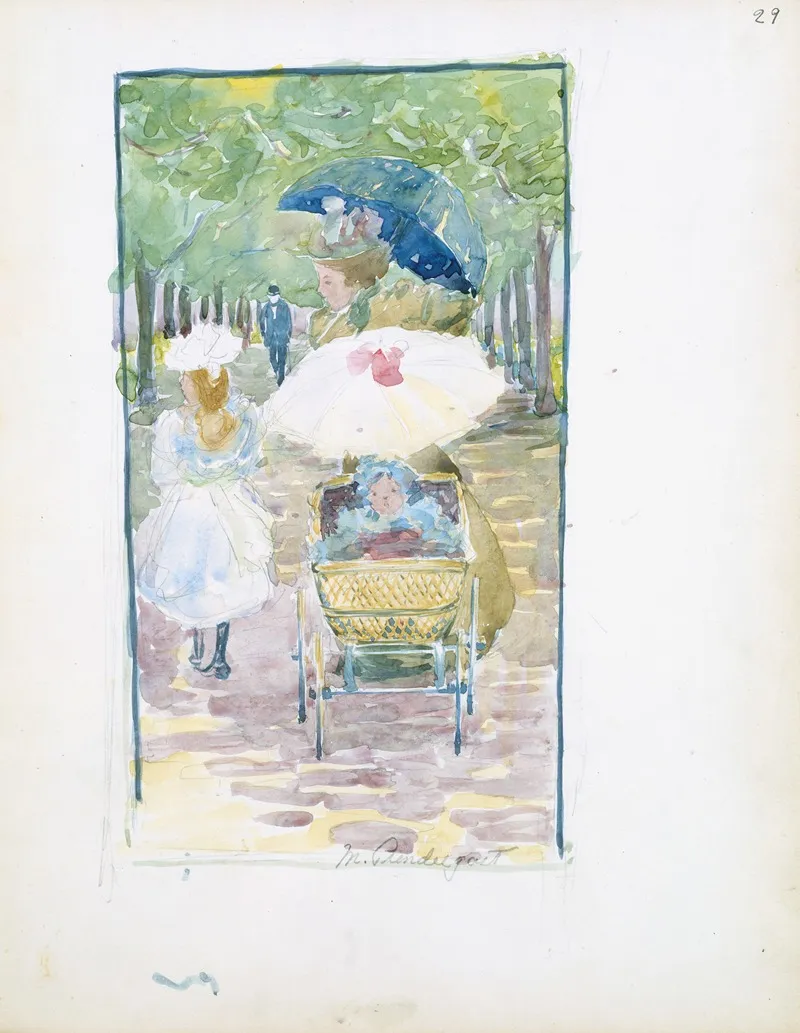 A Mother Pushing Her Baby In A Perambulator With Her Daughter At Her Side by Maurice Prendergast - Canvas Print