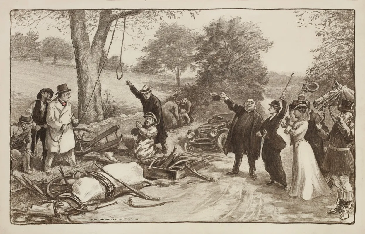 A Motorist Pleads For His Life As A Crowd Prepares To Lynch Him For Causing An Accident With A Horse And Wagon Killing A Woman