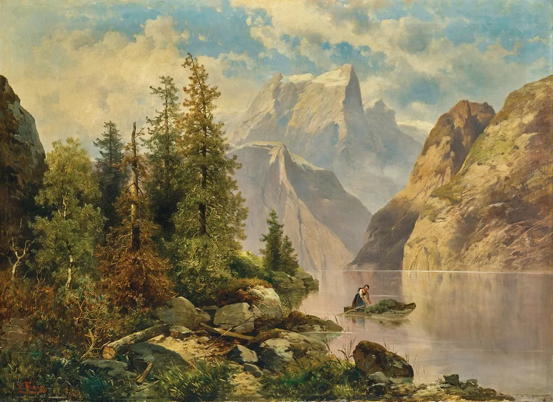 A Mountain Lake With A Boat by Josef Thoma - Canvas Print