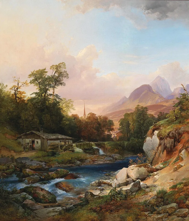 A Mountain Landscape With A Smithy by Anton Hansch - Canvas Print