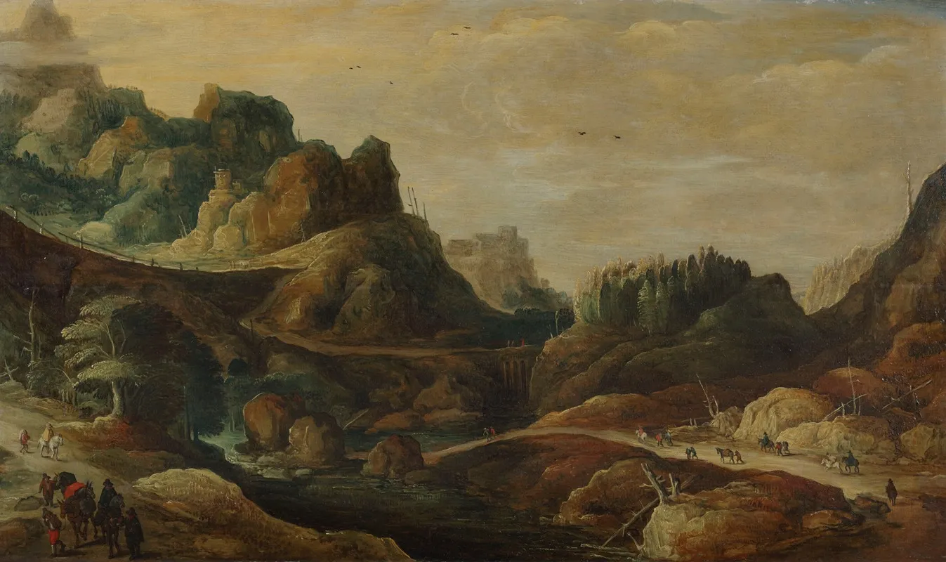 A Mountainous Landscape With Travellers On Paths Along A Riverbank by Joos de Momper - Canvas Print