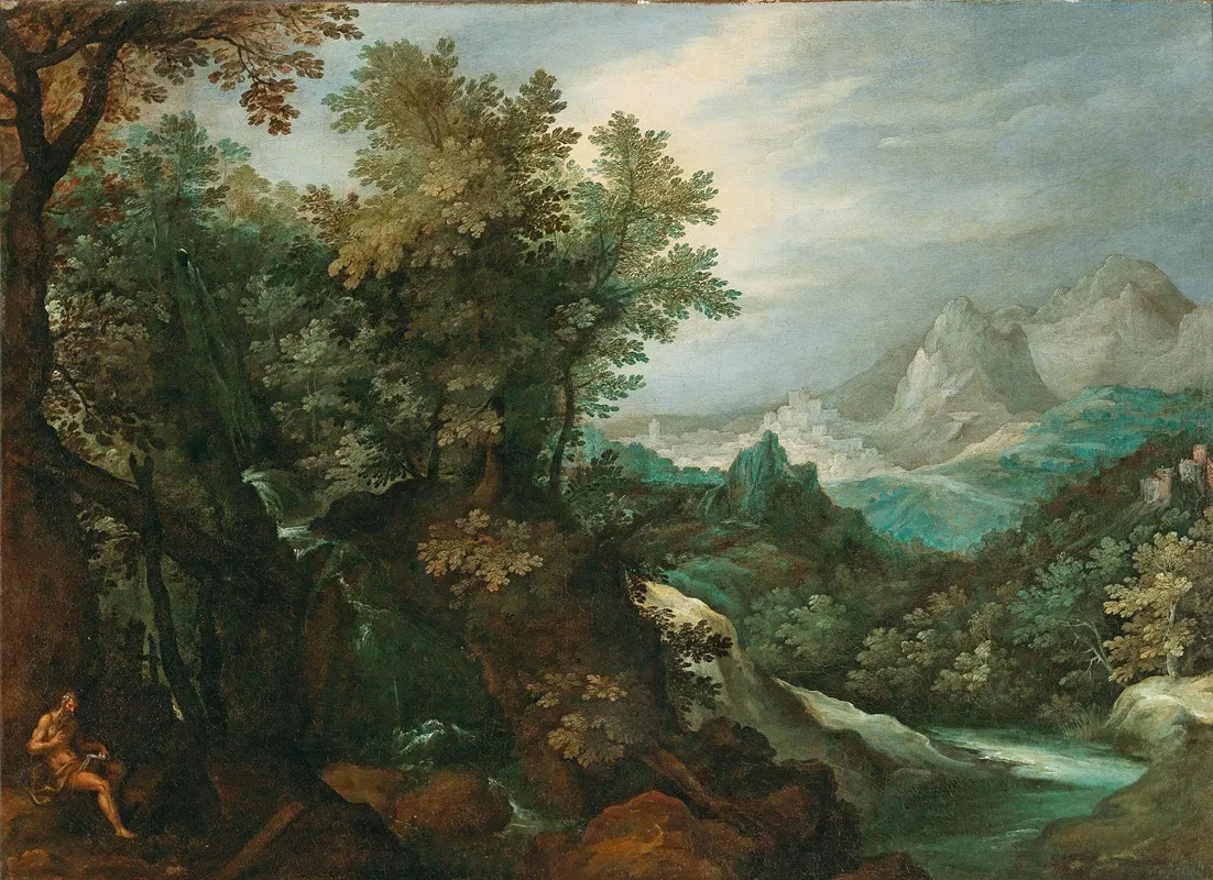 A Mountainous River Landscape With A Hermit