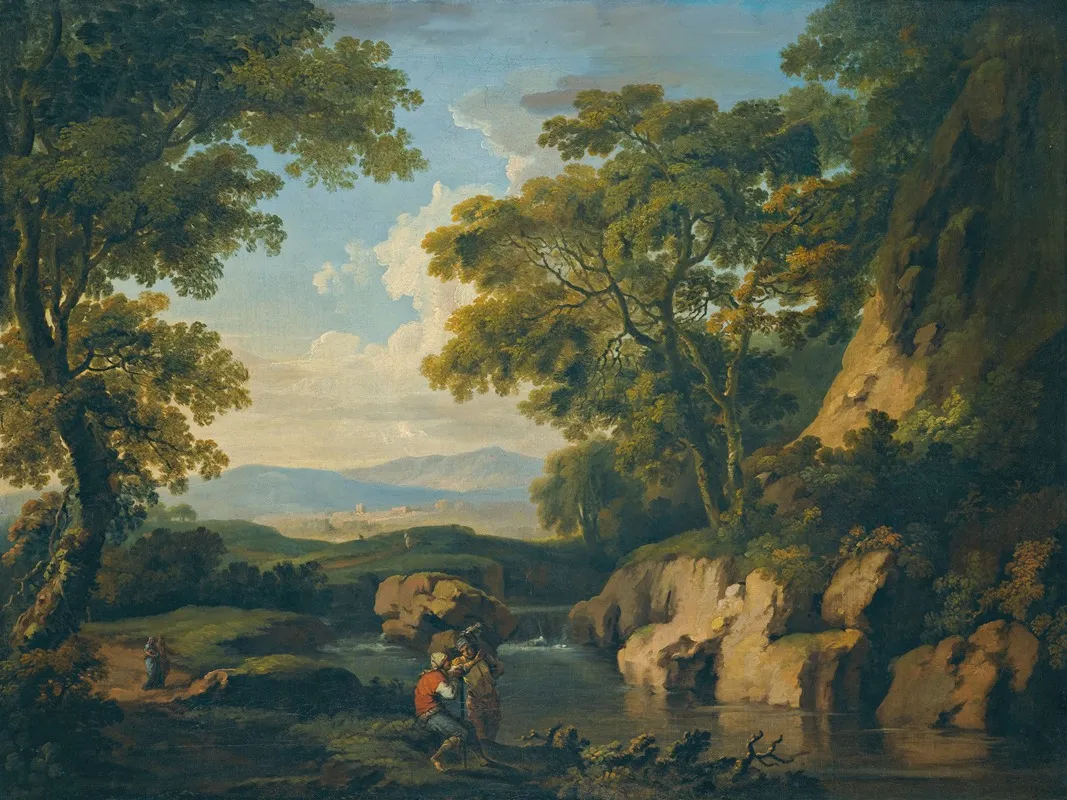 A Mountainous Wooded Landscape With Figures By A River In The Foreground