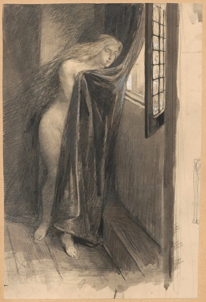 A Naked Woman Looks Out Of A Window While Covering Her Body With The Curtain