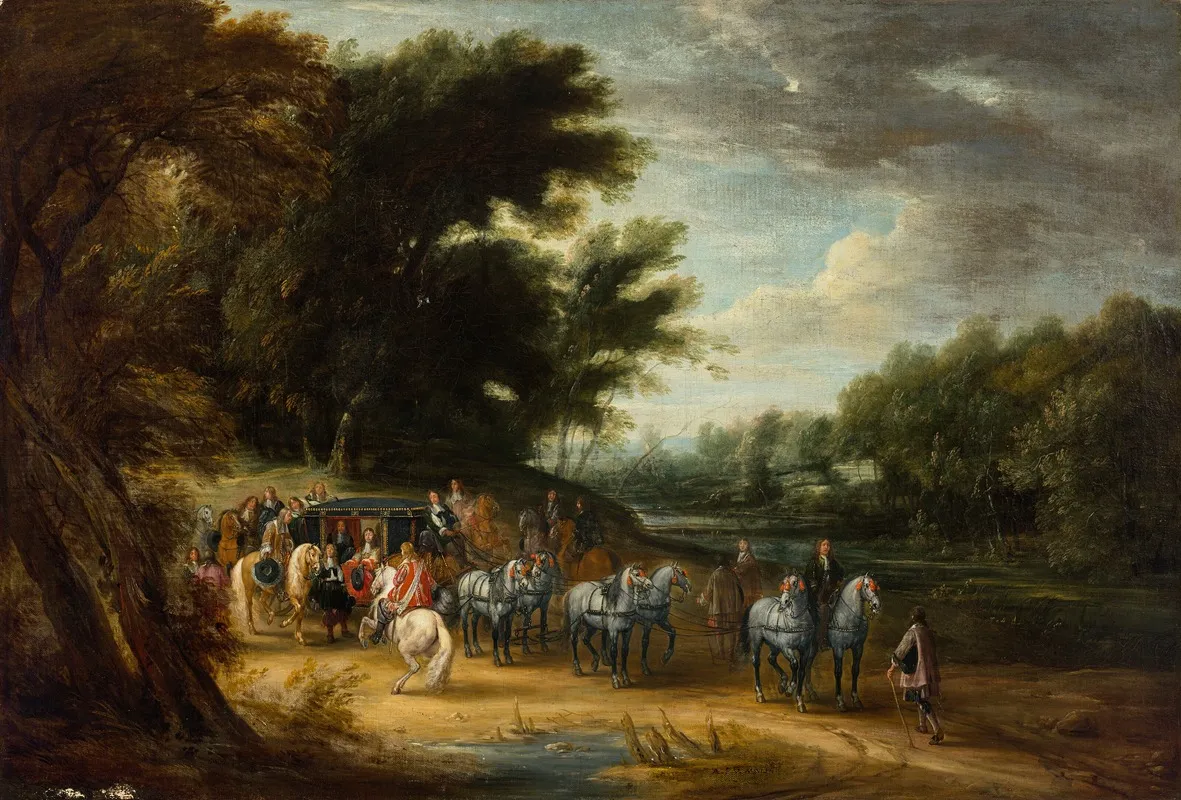 A Nobleman In A State Coach At Rest Escorted By His Men And Horses With A Gentleman On A White Horse Approaching And Landscape Beyond by Adam Frans van der Meulen - Canvas Print
