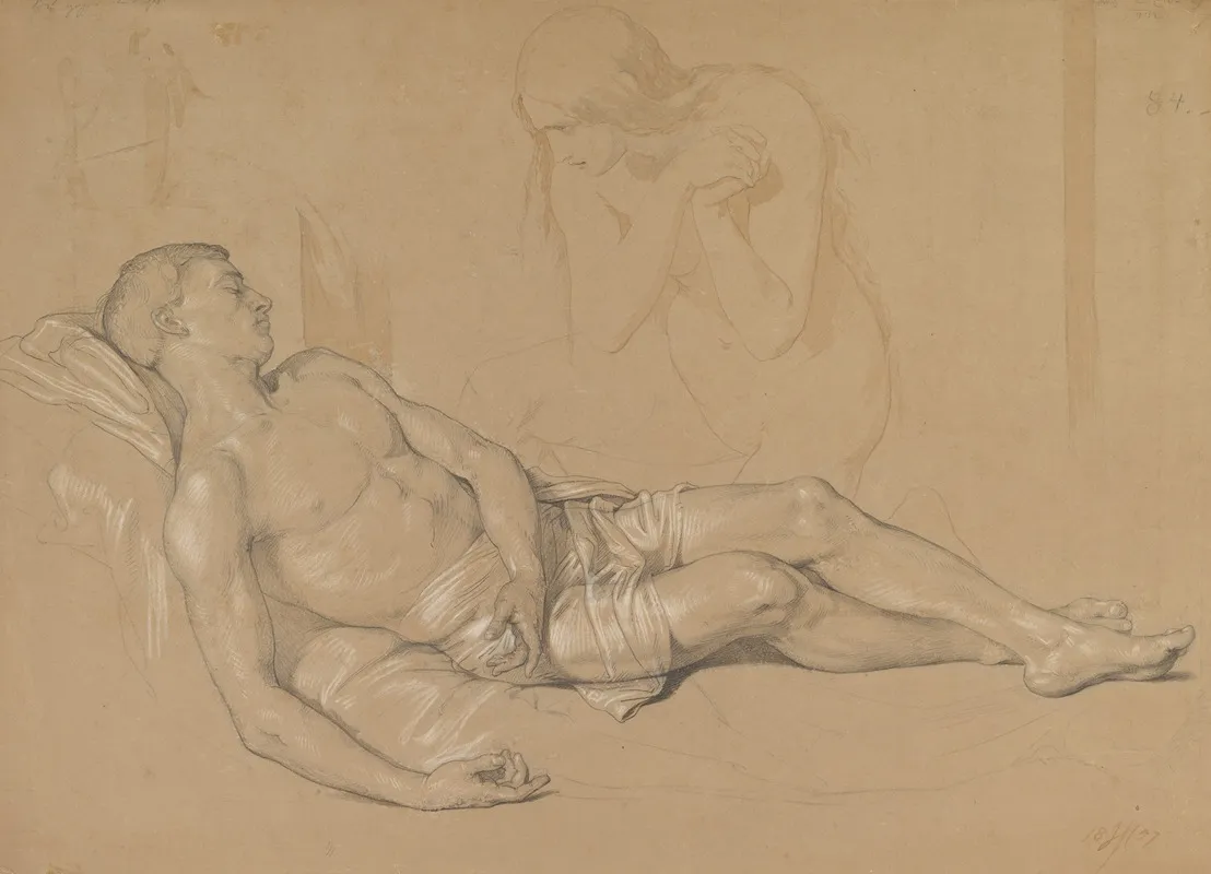 A Nude Woman Kneeling At The Side Of A Reclining Man Study For Mary Magdalen Lamenting Christ by Julius Hübner - Canvas Print