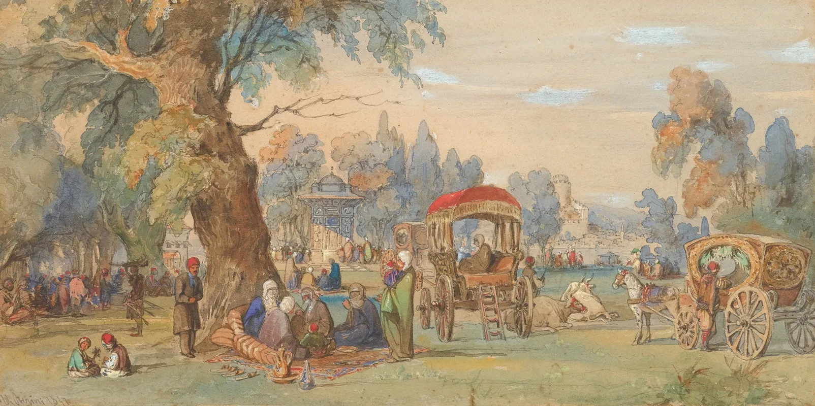 A Party At The Sweet Waters Of The Bosphorus Constantinople by Amadeo Preziosi - Canvas Print