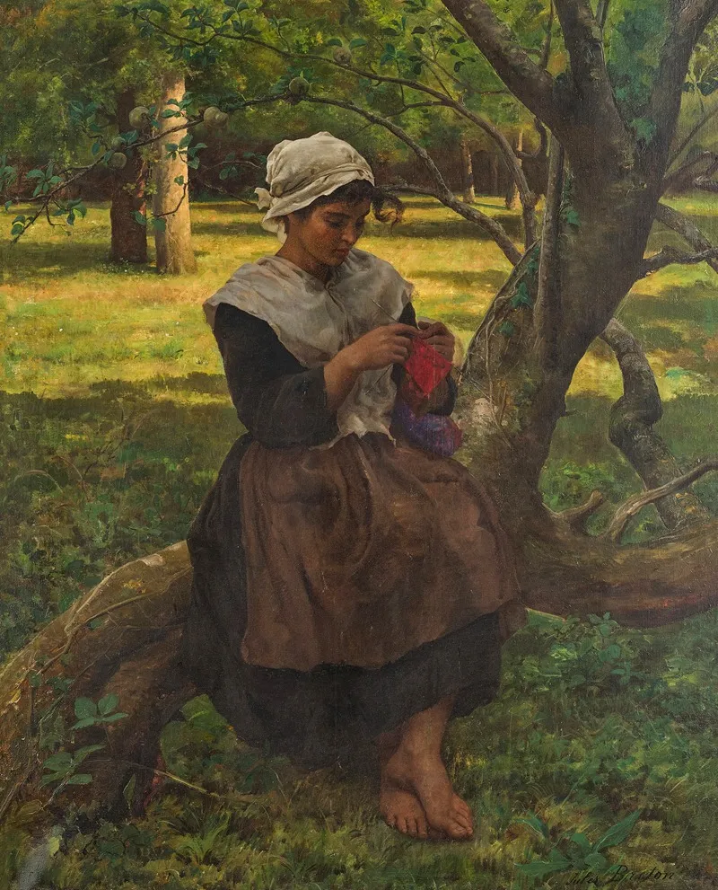 A Peasant Girl Knitting 2 by Jules Breton - Canvas Print