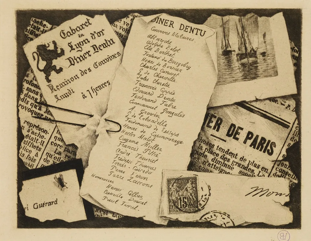 A Piece Of Newspaper An Envelope And A Fly by Henri-Charles Guérard - Canvas Print