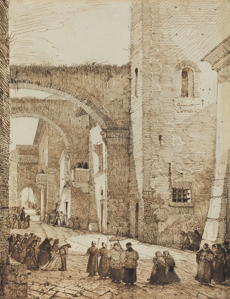 A Priest Processing Through A Medieval Street In Viterbo