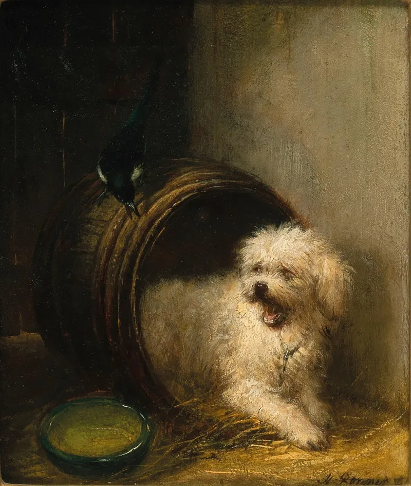 A Puppy In A Barrel by Henriëtte Ronner-Knip - Canvas Print