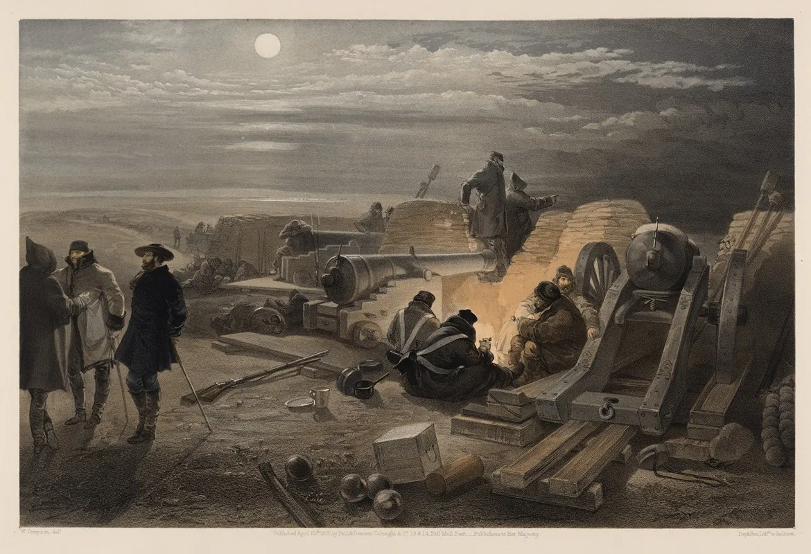 A Quiet Night In The Batteries A Sketch In The Greenhill Battery Major Chapmans 29th Jany 1855 by William Simpson - Canvas Print