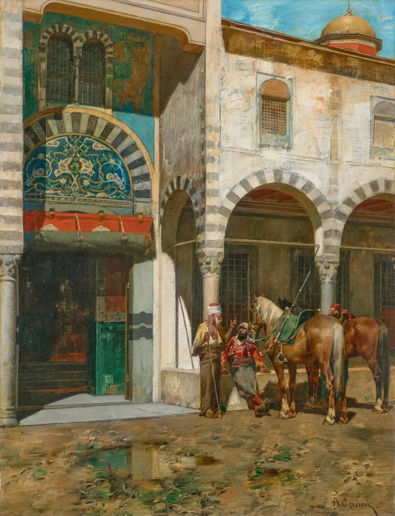 A Rest Outside Of The Mosque by Alberto Pasini - Canvas Print