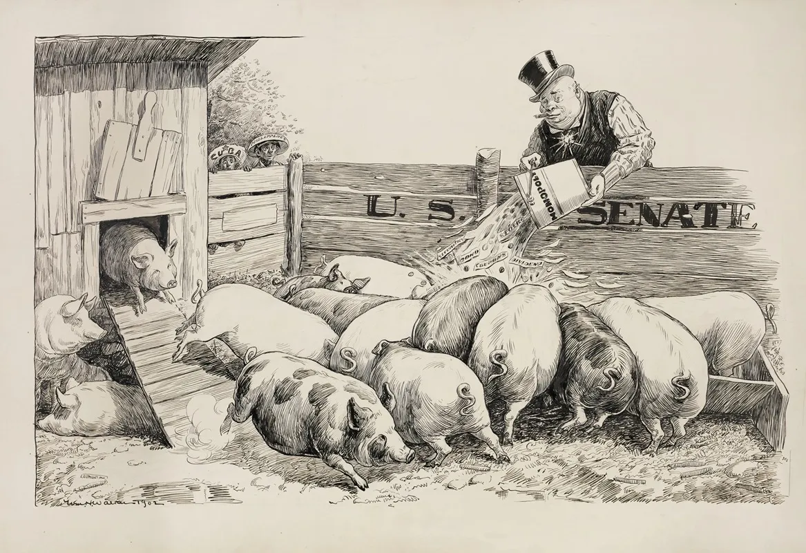 A Rich Man Feeds His Pigs The U S Senate With Money From A Bucket Representing Monopoly