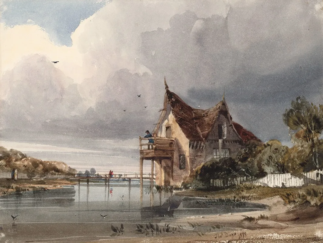 A River And Cottage With White Paling