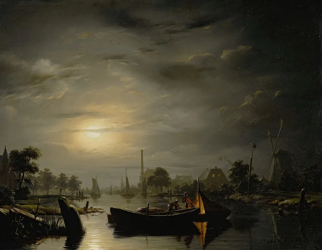 A River Landscape In Silver Moonlight by Petrus van Schendel - Canvas Print