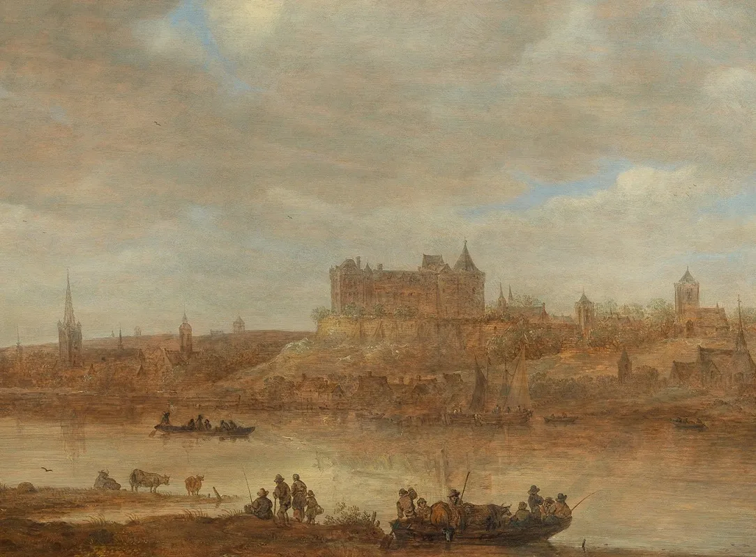 A River Landscape With A Ferry Boat And A Castle By A Town Beyond