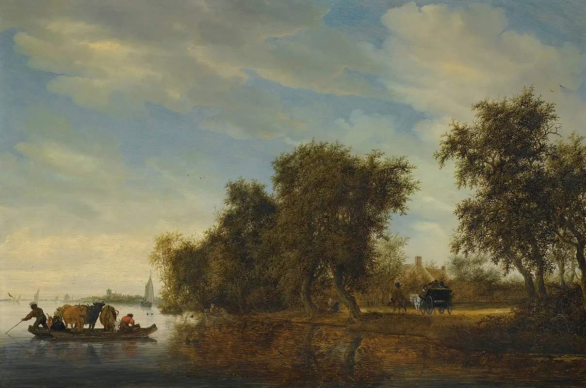 A River Landscape With A Ferry Boat by Jacob Salomonsz. van Ruysdael - Canvas Print