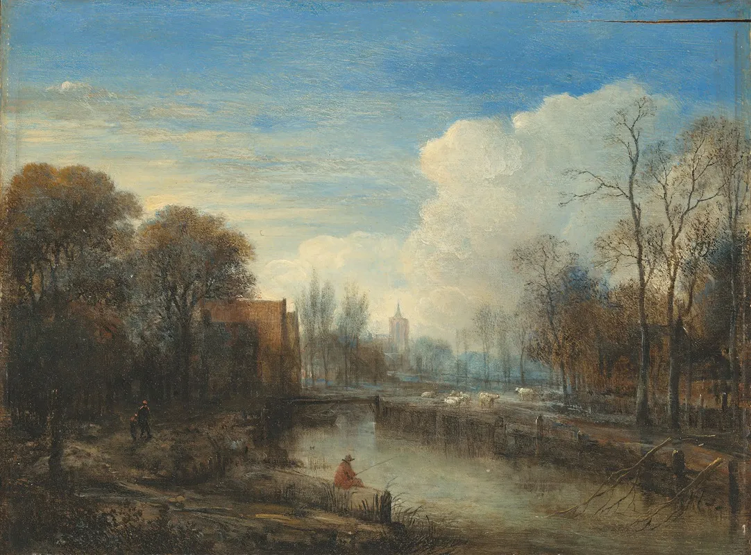 A River Landscape With An Angler And Sheep On The Banks