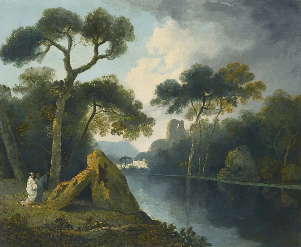 A River Landscape With Monks Conversing By A Pair Of Megaliths With Ruins Beyond by William Hodges - Canvas Print