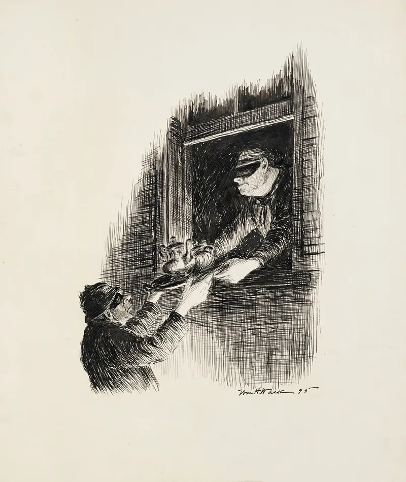 A Robber Passes A Tea Service Through The Window To His Accomplice Outside