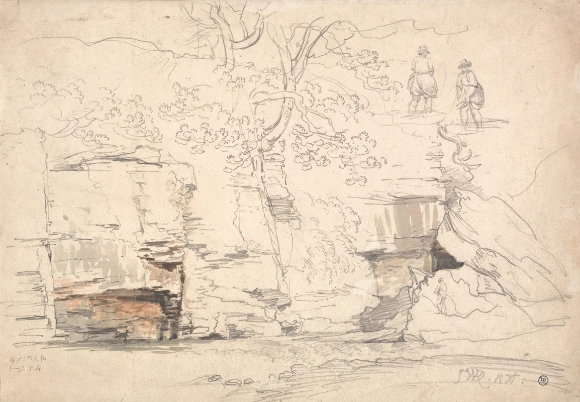 A Rocky Hillside With Trees And Figures