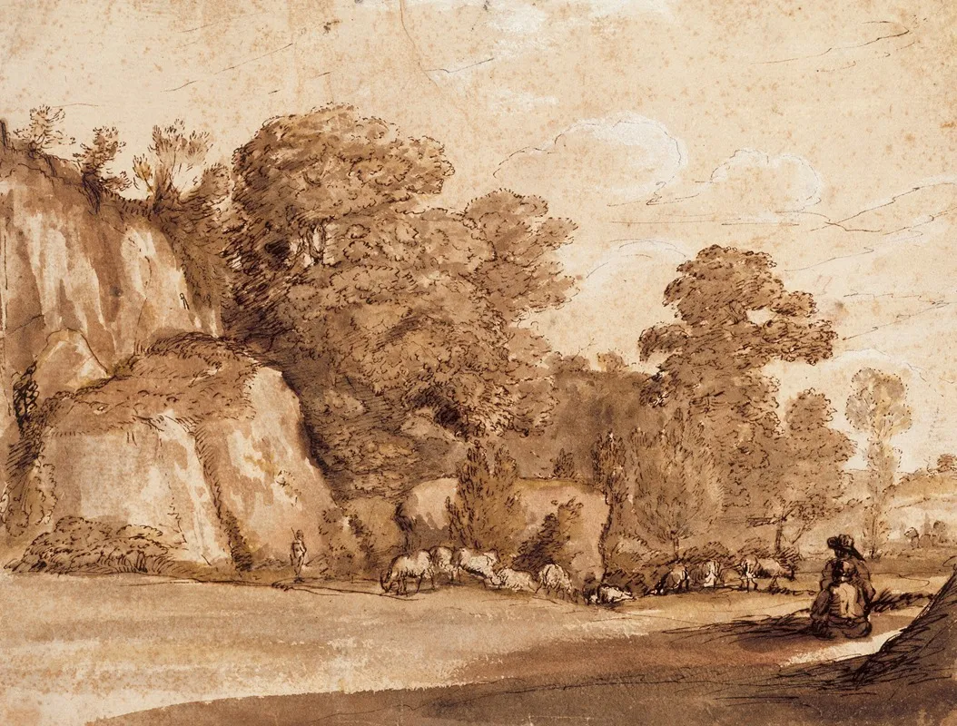 A Rocky Hillside by Claude Lorrain - Canvas Print