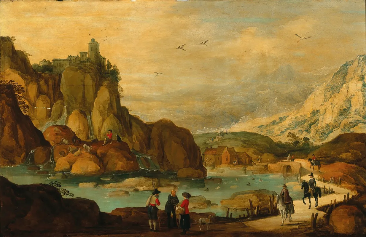 A Rocky Landscape With Travellers On Horseback Near A Stream by Joos de Momper - Canvas Print