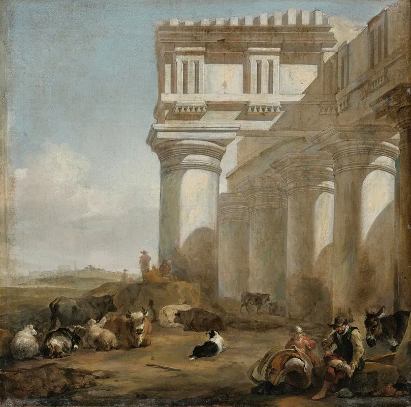 A Roman Temple With Cattle Herders
