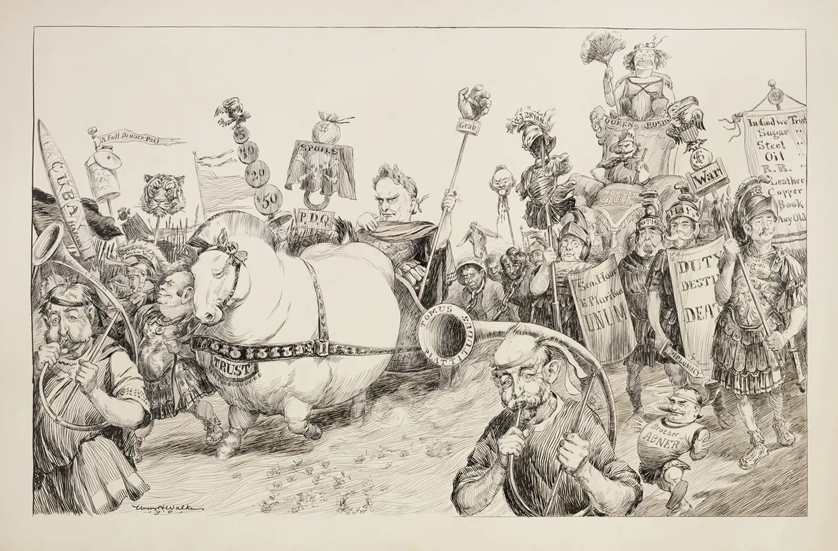 A Roman Victory Parade With The Trusts In The Front And Queen Rose Theodore Roosevelt And The Republican Party Behind