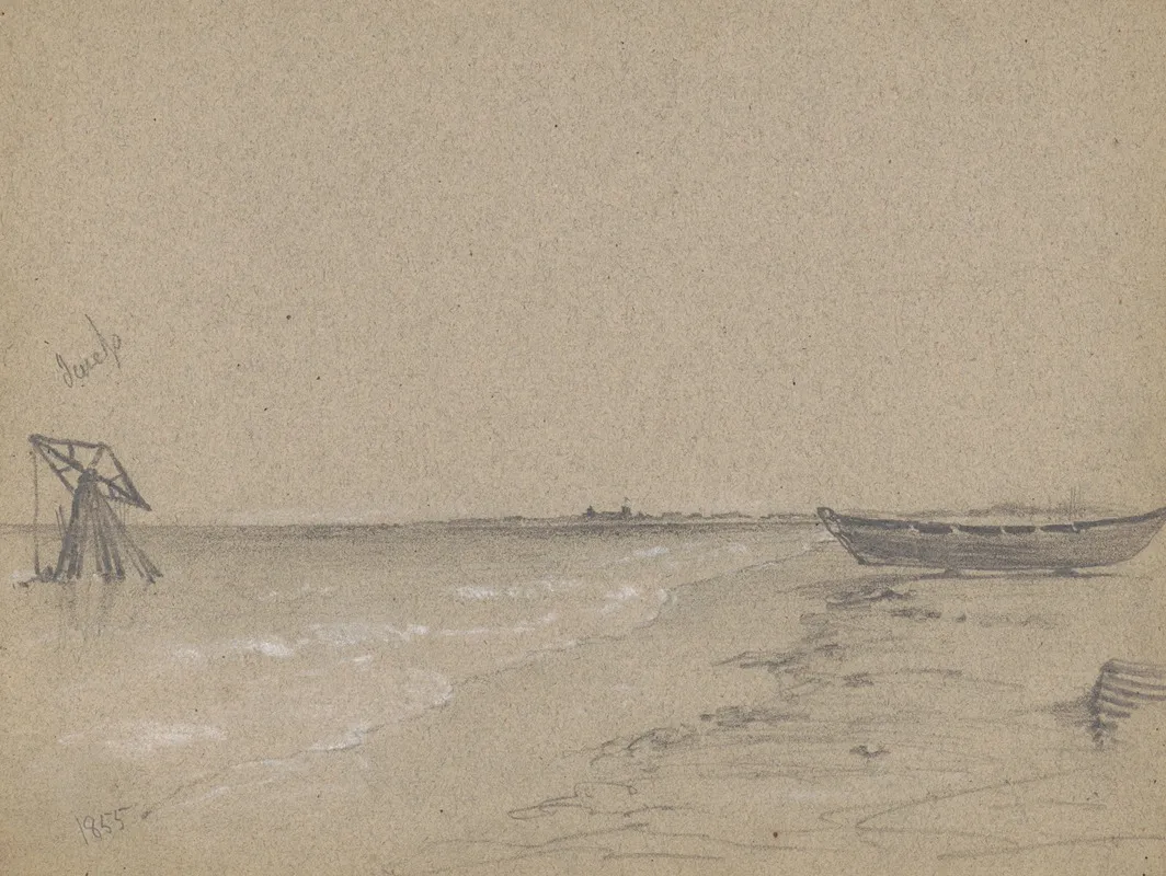 A Rowboat Sitting On Logs On The Shore Of A River Or Bay With A Derrick Like Drilling Or Pumping Device Just Offshore