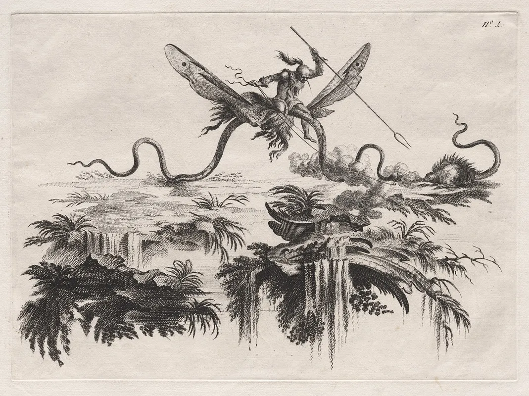 A Savage Mounted On A Winged Serpent Battling With A Wild Beast Resembling A Porcupine by Filippo Morghen - Canvas Print