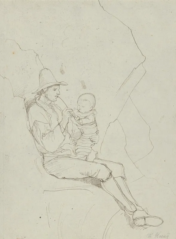 A Seated Italian Shepherd With A Small Child On His Lap