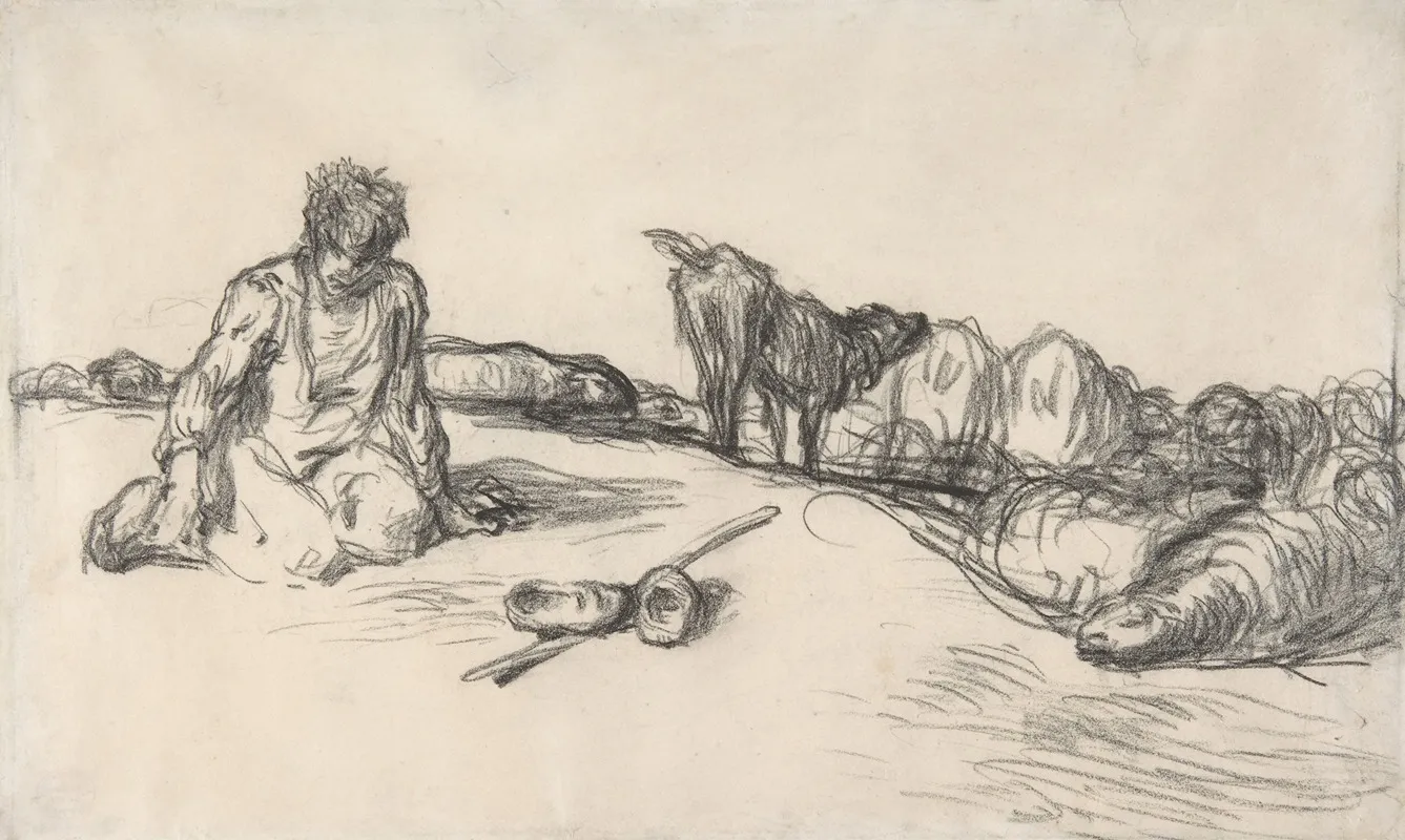 A Seated Shepherd With His Dog And Sheep
