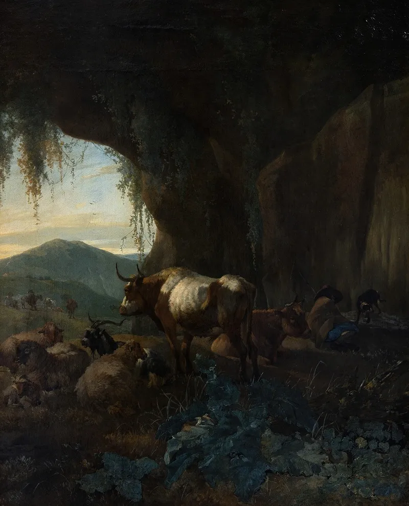 A Shepherd And Cattle In A Cave