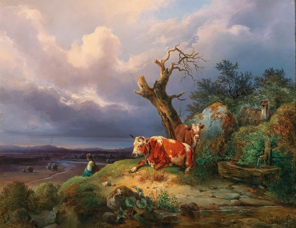A Shepherdess With Two Cows In A Vast Landscape