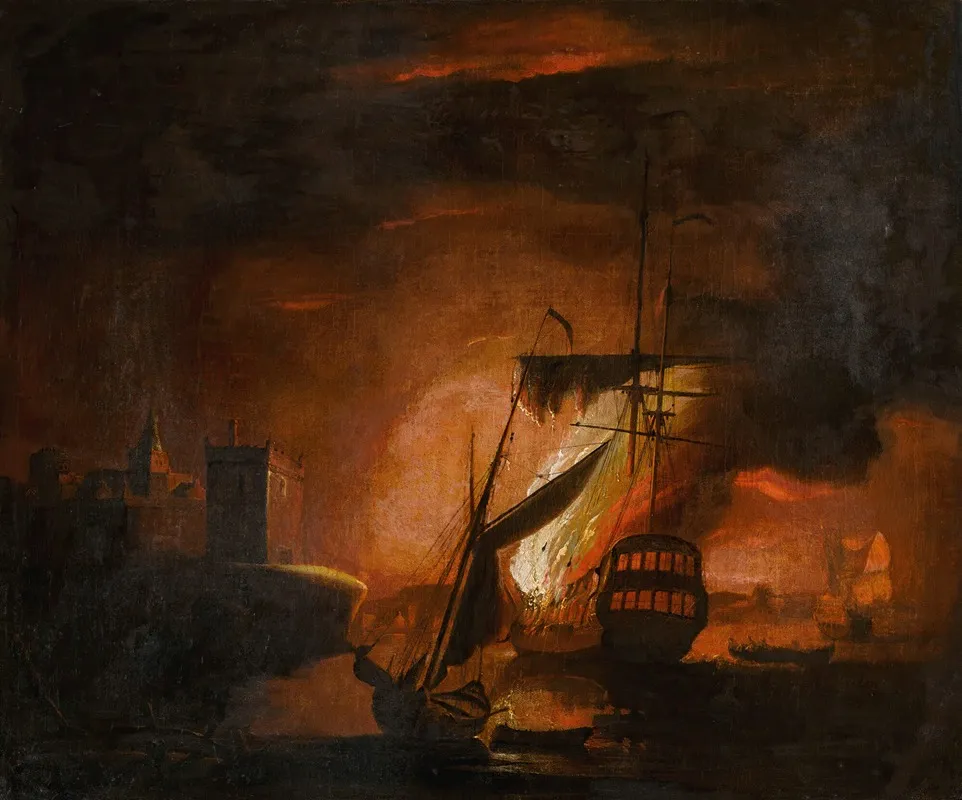 A Ship On Fire At Night by Peter Monamy - Canvas Print