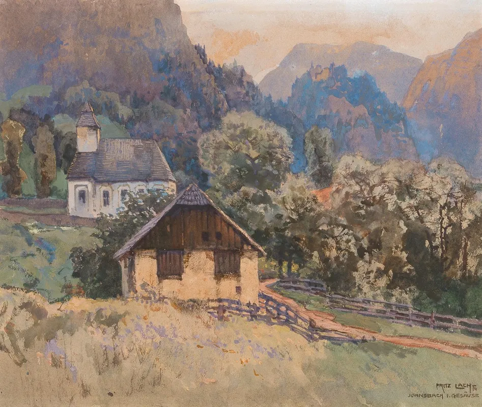 A Small Church And A Shed In Johnsbach Gesause Mountains by Fritz Lach - Canvas Print