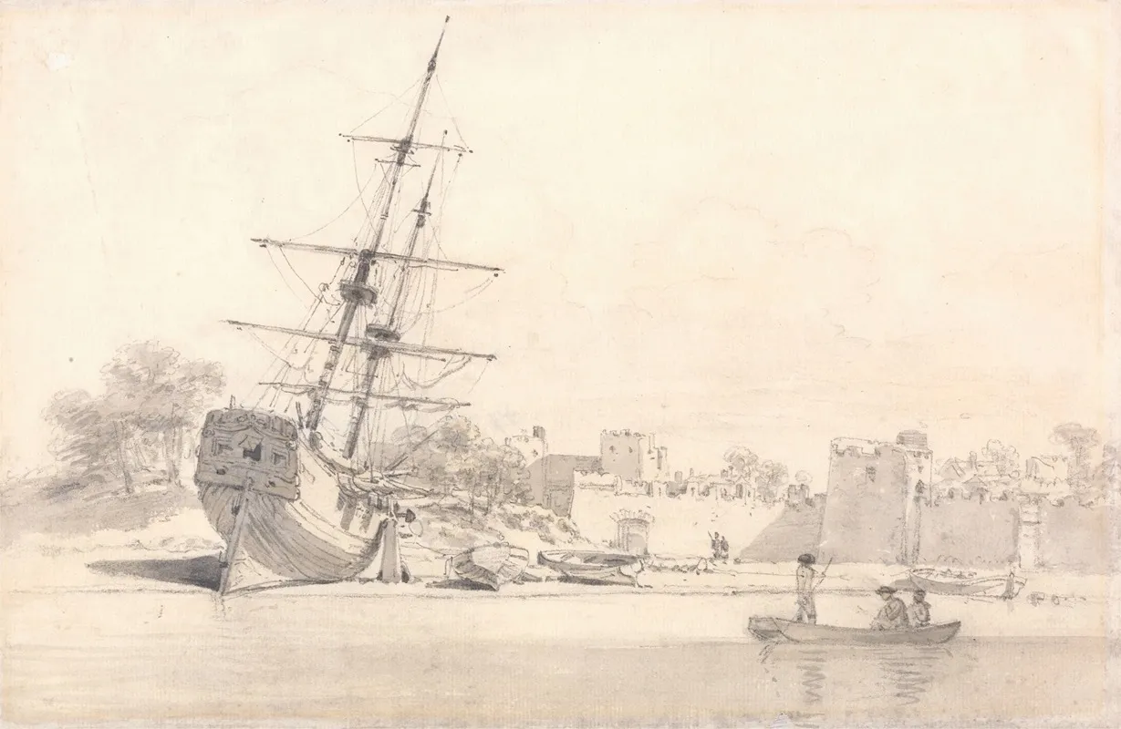A Small Sailing Ship Drawn Up On The Shore Below Some Fortified Buildings