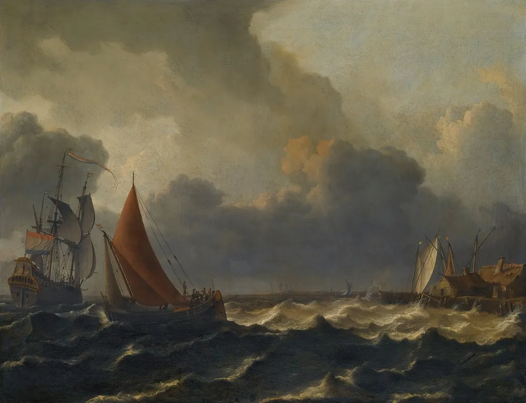A Smalschip Closed Hauled In A Stiff Breeze With A Flagship Offshore To The Left And A Jetty To The Right