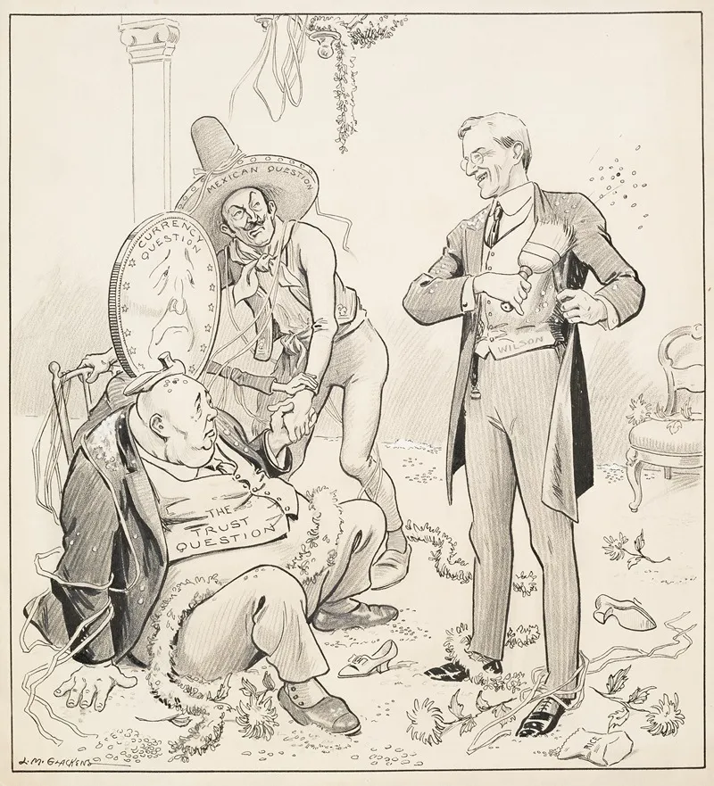 A Smiling President Woodrow Wilson Brushes Himself Off After A Wedding Party And Addresses Three Tired Figures by Louis Glackens - Canvas Print