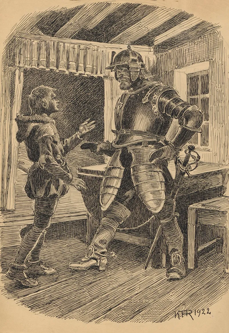 A Soldier In Combat Gear Points Accusingly At A Little Boy by Karl Hansen Reistrup - Canvas Print