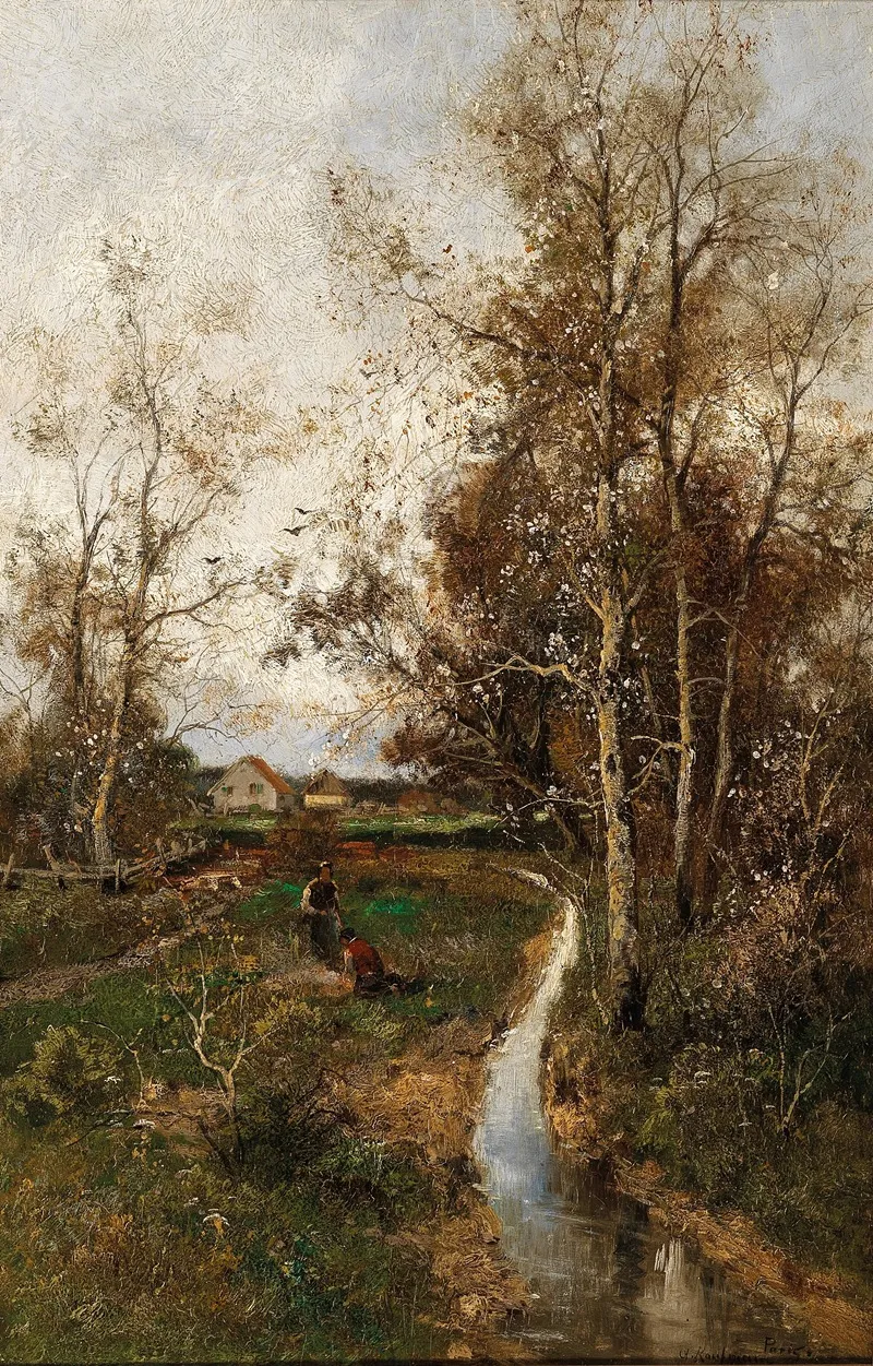 A Springtime Landscape With A Creek by Adolf Kaufmann - Canvas Print